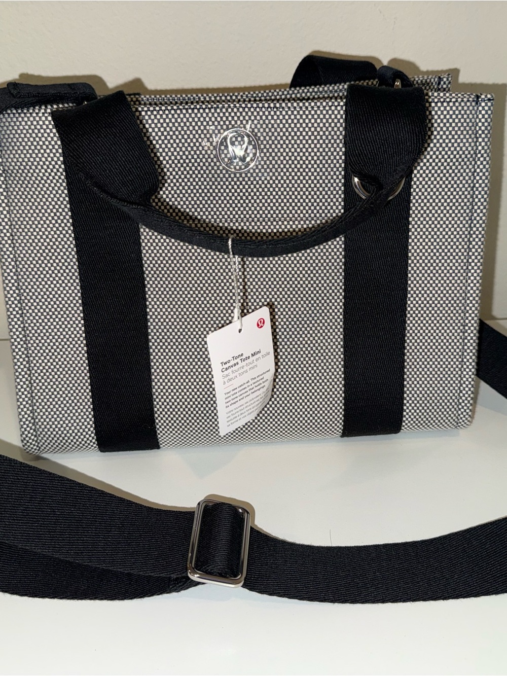 lululemon black and white checkered-trim tote